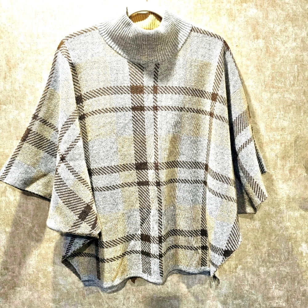 Note di Anita Plaid Poncho Sweater OS Merino Wool Cashmere Blend Italy